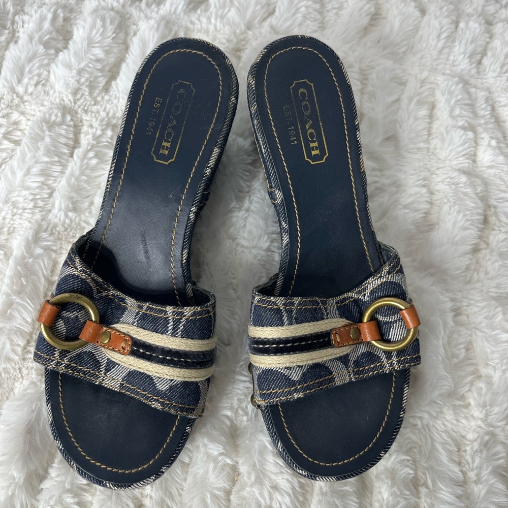 Coach Blue and Brown Wedge Sandals with Elegant Buckle